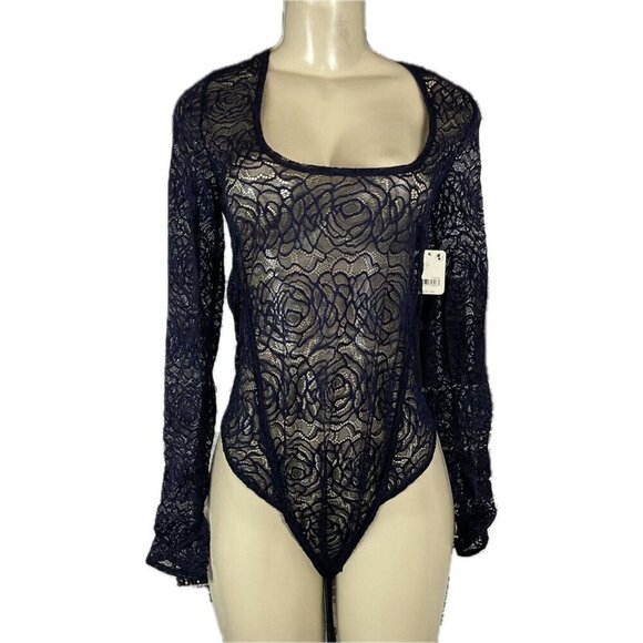Free People L Navy Blue Sheer Lace Scoop Neck Long Sleeve In My Head Bodysuit - Picture 2 of 6